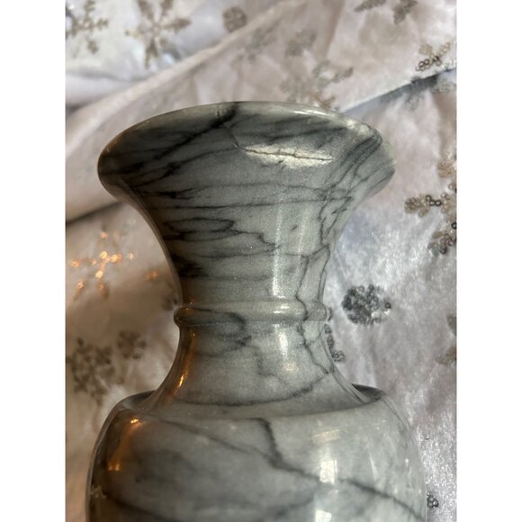 Handcrafted Gray Marble Vase With Intricate Silver Peacock Design - Picture 6 of 9
